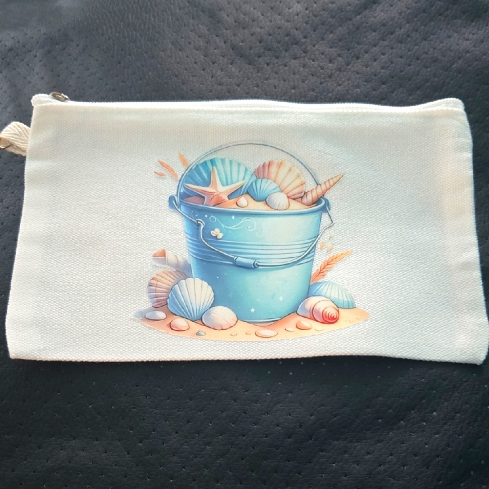 Flip Flop Sea Shells Bucket Pail Double Sided Makeup Bag AOP zipper Close NWOT